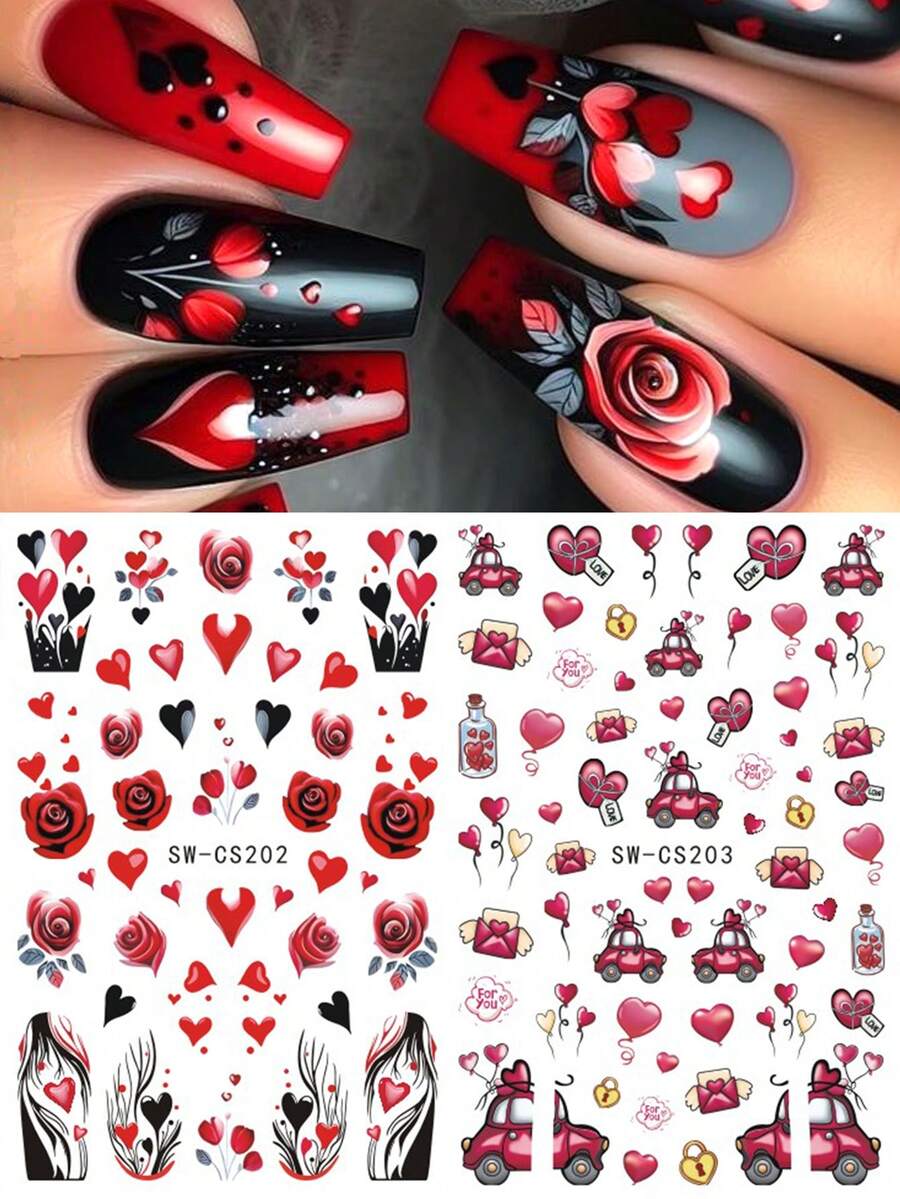 Bộ 2 miếng dán móng tay hoạt hình 3D chủ đề Valentine màu đen, đỏ, hồng, hình trái tim, ổ khóa, hoa hồng, cánh hoa, bóng bay, phong bì, chai ước nguyện, thiết kế sọc kẻ, tự dán, phong cách Y2K, thích hợp cho đám cưới, ngày lễ, trang trí móng tay, phụ kiện làm móng cho phụ nữ và bé gái, quà tặng móng tay. - Nhiều màu - Xem 1