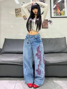 1件装女士宽松刺绣阔腿牛仔裤，舒适休闲高街时尚裤装（不含腰带/配饰）度假春季 - 藍色 - 查看 8