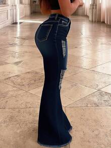 Women's Mid-Rise Flared Jeans, Sexy Ripped Elastic Raw Hem Denim Flared Pants, Casual Wear Fashion Trousers - Dark Wash - View 2