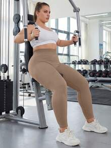 Mallas de yoga de cintura alta sin costuras, pantalones ajustados para hacer ejercicio - Caqui - Ver 5