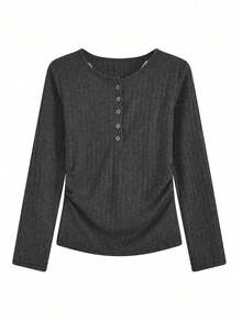 女士二合一抓绒针织打底衫，修身蕾丝边短款上衣，秋冬款 - 深灰色 - 查看 5