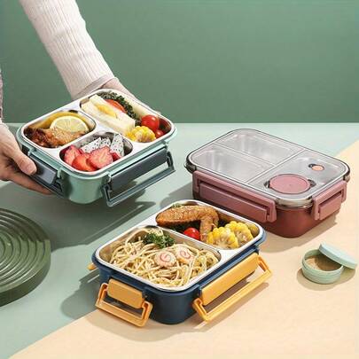 One Stainless Steel Insulated Lunch Container With Sections, Perfect For Work Meals, Picnics, And School Lunches, Designed For Easy Filling.