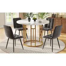 Esstisch-Set (5-teilig), Esstisch-Set mit 4 Stühlen, Modernes Küchen-Esstisch-Set, Runder Küchentisch mit 80 cm Durchmesser und goldenen Metallbeinen, MDF-Marmor-Tischplatte, Esszimmerstühle aus graue - Gris - Voir 4