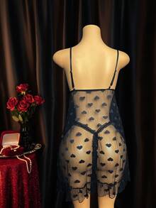 2pcs Women's Heart Mesh Sheer Crotchless Sexy Lingerie Set, Ruffled Hem Semi-See-Through Sleepwear Nightwear, Tempting Intimate Outfit - Black - View 3