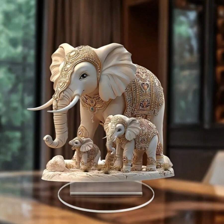 1件優雅波希米亞風大象家族壓克力裝飾品，2D平面桌面擺飾，適用於臥室、客廳、辦公室，大象裝飾