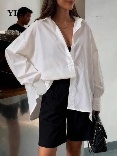 Camisa Branca de Manga Longa com Gola Polo e Morcego para Mulheres, Camisa de Tecido Não Elástico