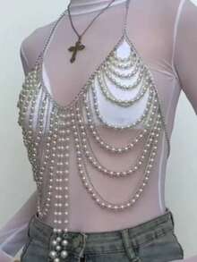 ZHENGHEN Y2K Style Beaded Fringe Backless Camisole Top, Streetwear Clubwear Sexy Body Chain - White - View 5