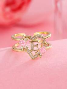 1 pieza Anillo con inicial de flor en tono dorado A-Z con corazón de circonita cúbica, anillo abierto ajustable para mujeres, joyería de regalo de cumpleaños personalizada - Amarillo Oro - Ver 7
