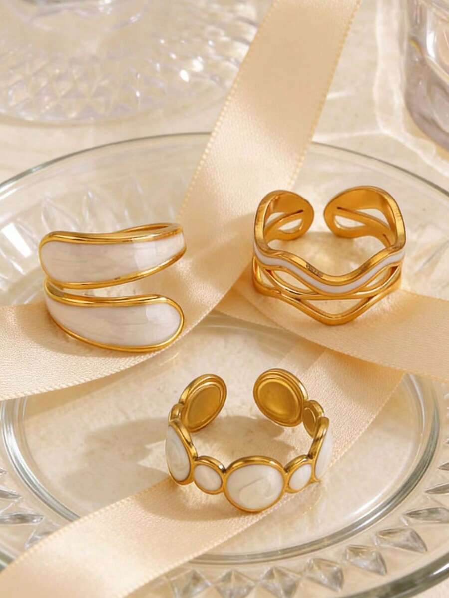 3pcs Elegant Line Circle Drip Oil Stainless Steel Adjustable Ring Set, Suitable For Daily Wear And Holiday Gifts - As Shown - View 1