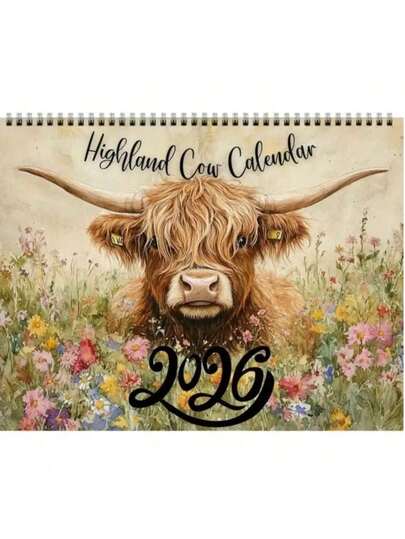 تقويم بقرة الهايلاند 2026 - ديكور جداري بطراز مزرعة اسكتلندية مع بقرة الهايلاند الجميلة ومناظر طبيعية اسكتلندية، يتضمن التواريخ والعروض الشهرية والشبكات اليومية وقوائم المهام والملاحظات - منظم منزلي ومكتبي ريفي، هدية ذات طابع اسكتلندي، مناسب للأعياد أو الاحتفال بالمنزل الجديد