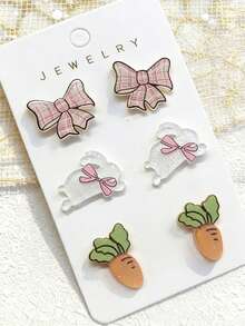 6pcs Easter Earrings, Featuring Bow, Rabbit, And Carrot Designs. These Sweet And Cute Earrings Are Perfect For Women To Wear To Easter Parties Or Banquets, And Make A Great Easter Gift For Family And Friends. - Multicolor - View 4