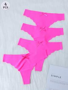 4pcs Women's Low Waist High Elasticity Seamless Panties, Fuchsia Wavy Edge Thong - Hot Pink - View 3