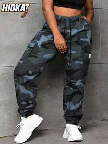 Hidkat 女士迷彩工装裤 | 抽绳腰带束脚裤，带侧袋 | Y2K街头风休闲日常户外裤 春季款 - 藍色 - 查看 3