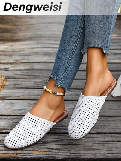 White Perforated Breathable Slip-On Flat Round Toe Casual Comfortable Versatile Street Style Fashion Sneakers For Women, Spring/Summer