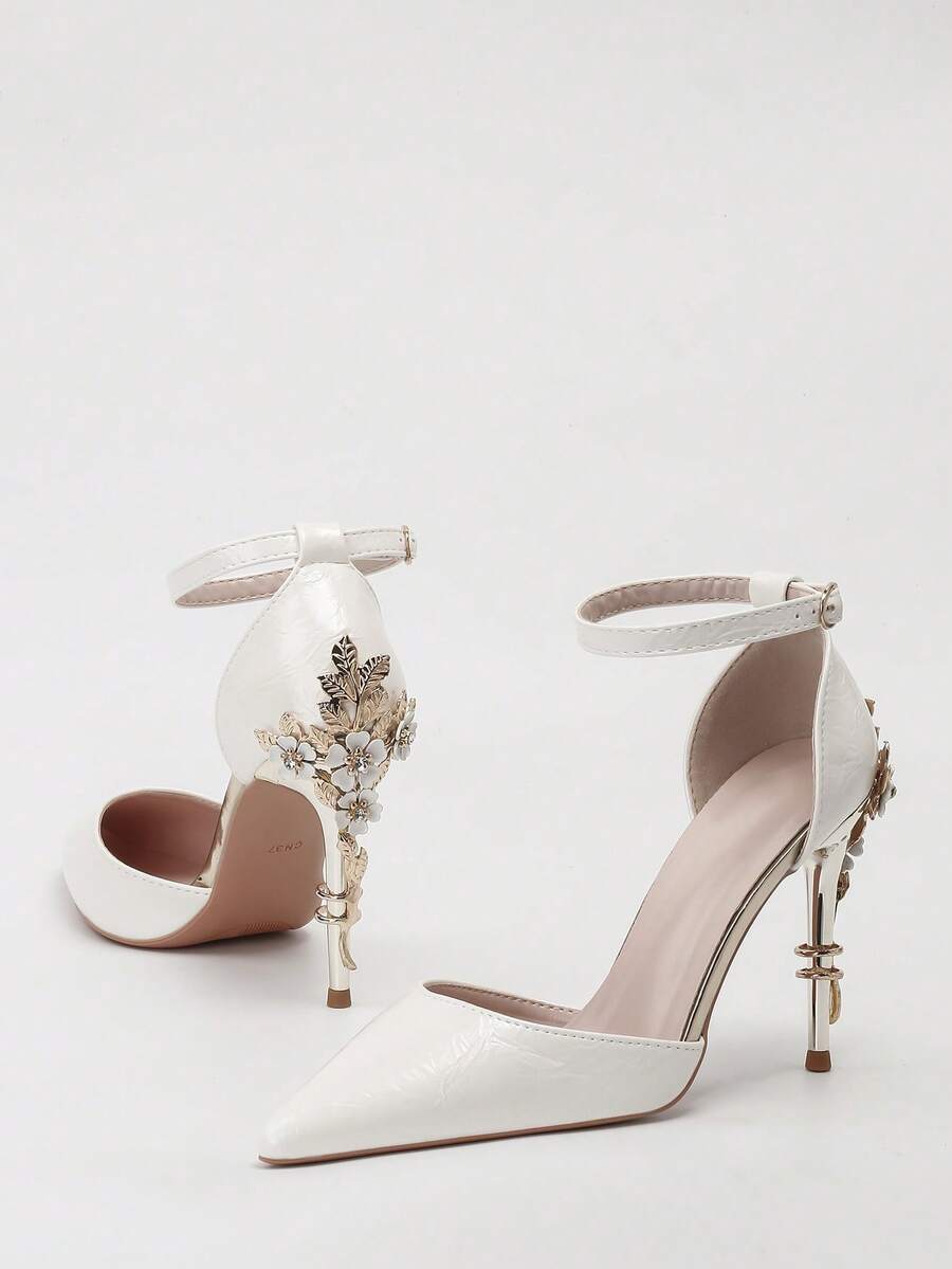 优雅金属花卉尖头露跟高跟鞋，性感时尚女鞋 - 白色 - 查看 1