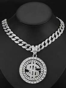 1件嘻哈旋转美元符号吊坠项链，配20英寸链 - 金色锌合金男士首饰，派对/音乐节礼物，全年佩戴，派对配饰，首饰，奢华光泽饰面 - 可旋轉美金吊墜項鍊 - 查看 2