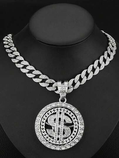 1 pieza Collar con colgante de signo de dólar giratorio estilo hip hop con cadena cubana de 20 pulgadas - Tono dorado de aleación de zinc, joyería para hombres, regalo para fiesta/festival de música, se puede usar todo el año, accesorio de fiesta, joyería, acabado brillante lujoso