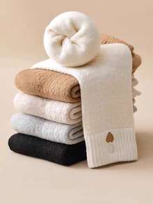 4 Pairs Women's Autumn/Winter Thickened Mid-Calf Socks, Warm, Korean Style Heart Pattern, Solid Color, Non-Slip, Wool Blend, Random Assortment - Multicolor - View 2