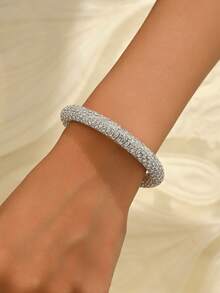 1pc Women's Elegant Luxury Sparkling Rhinestone Elastic Bracelet, Versatile For Party Wear - Silver - View 2