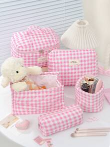 Túi đựng mỹ phẩm họa tiết kẻ ô màu hồng, túi đựng đồ đa năng, bộ túi đựng mỹ phẩm dung tích lớn, túi đựng mỹ phẩm in họa tiết caro dễ thương, túi đựng cọ trang điểm, giỏ đựng đồ dùng văn phòng bằng vải mềm, xô đựng dụng cụ làm đẹp, túi đựng đồ chăm sóc da, túi đựng đồ vệ sinh cá nhân du lịch di động, túi đựng đồ dùng vệ sinh họa tiết kẻ sọc. - Hồng - Xem 2