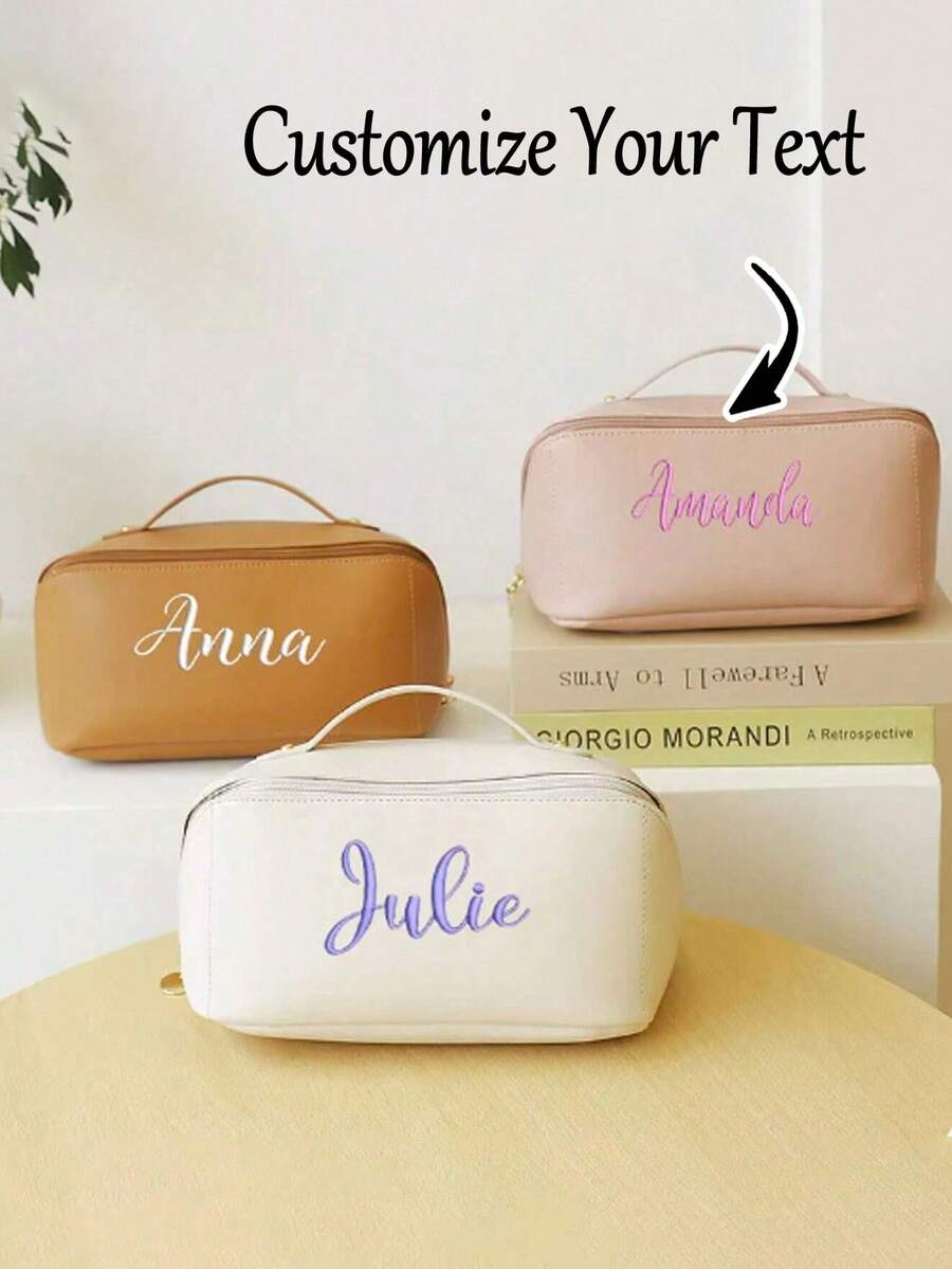 Customized Embroidered Makeup Bag, Personalized Embroidered Leather Cosmetic Bag, Large Capacity Makeup Bag, Bridesmaid Gift, Bridal Party Gift, Zipper Top Makeup Bag - Multicolor - View 1