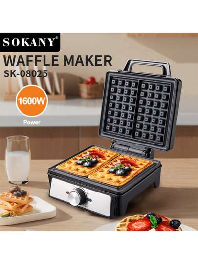  SOKANY 08025 Máquina multifuncional para hacer gofres de uso doméstico, alta potencia, calentamiento por ambos lados, control de perilla, temperatura ajustable, con luz indicadora, incluye 2 placas antiadherentes para gofres, material de aluminio y confiable, adecuada para hacer gofres caseros, pasteles, sándwiches, hamburguesas, pizzas y galletas para niños