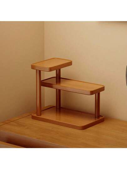 1pc Brown Desktop Storage Rack, Decorative Storage Rack, Multi-Layer Wooden Desktop Storage Rack With Cup Holder - Modern Light Brown Freestanding Tabletop Organizer, No Assembly Required, Space-Saving For Bathroom, Kitchen, Bedroom Vanity - Wooden Cosmetic & Toiletry Storage Shelf