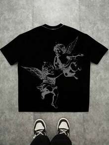 Unisex Printed T-Shirt Manfinity Roghcode, Casual Short-Sleeve Crew Neck T-Shirt For Men, Angel Print, For Summer - 1 - Xem 11