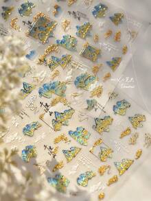 1pc Vintage Gilded Landscape Nail Art Sticker, Essential For Nail Artists, 3D Embossed Craftsmanship, Elegant Gilded Landscape Art Decor Design, Self-Adhesive Nail Sticker For DIY, Reusable, Gift For Women, Nail Art Supplies, Exquisite Accessory Gift Nails - Blue - View 6