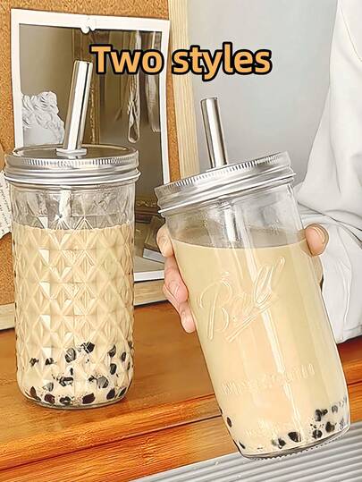 700ml/650ml masonburk i glas med diamantmugg, högtransparent glasmugg + läckagesäkert lock + sugrör i rostfritt stål, lämplig för bubbelte, juice, kaffe, isdrycker, bred öppning för enkel topping/Boba, stor kapacitet, utmärkt present till vänner, älskare, nyår, Halloween