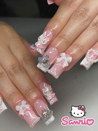  24PCS Middle Square Fake Nail HelloKitty White French Planet Love Bow Sanrio Valentine's Day Pointed Nail Art Cute Chrome Alloy Acrylic Press Nail Gel Nail Art Nail Art Supplies Nail Art Set (Attached: A Piece Of Jelly Gel And File) Suitable For Women Daily Dating Party