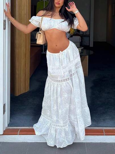 Falda larga de estilo bohemio con bordado de encaje blanco HUACAITA, de cintura alta con cordón, holgada y fluida, ajuste sexy para vacaciones en verano