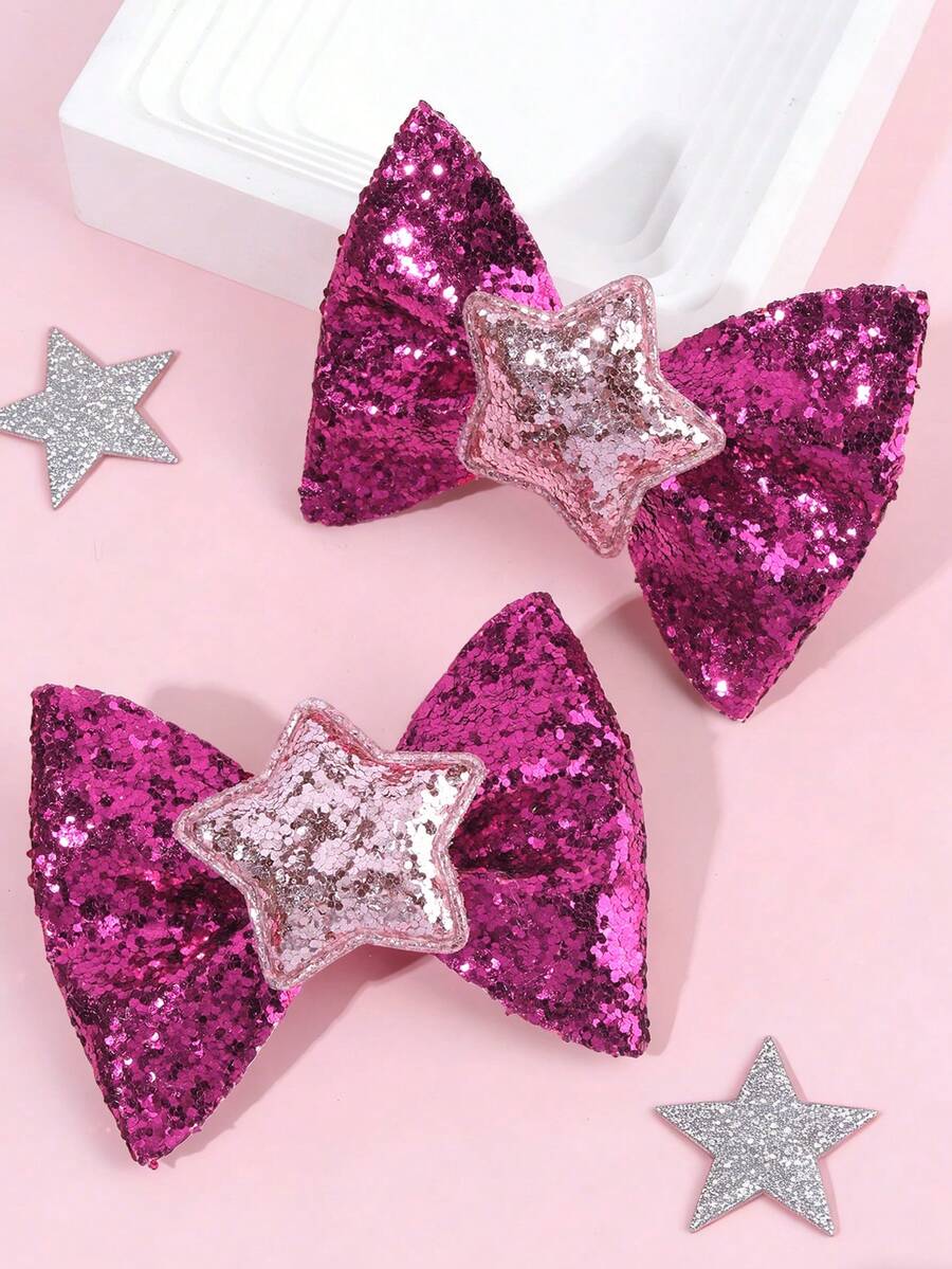 2pcs Shiny Hair Clips, Suitable For Girls - Shiny Metallic Purple And Pink Star-Shaped Hair Clips With Iridescent Glitters, , Suitable For Parties, Valentine's Day, Dancing, Daily Styling - Sweet Style Hair Clips, Suitable For Teenagers And Friends, Teen Hair Accessories - Multicolor - View 1