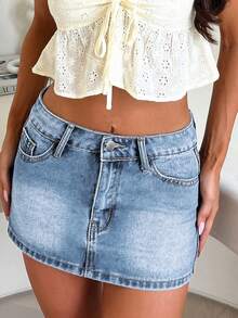 时尚性感街头风紧身破洞牛仔迷你裙，百搭 - 淺色水洗藍 - 查看 6