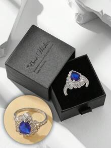 Gift Box Luxury Peacock Blue Cubic Zirconia Ring, Women's Party Jewelry, Copper Material Non-Fading And Hypoallergenic, Ideal Holiday Gift - Silver-sapphire - View 9