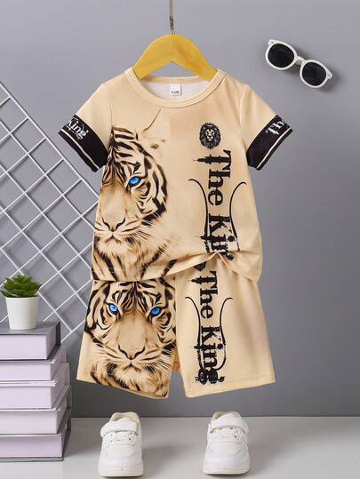 Conjunto de camiseta de manga corta con cuello redondo y estampado de animales y letras, y pantalones cortos para niños pequeños, casual, para verano