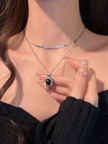 Collar con colgante cuadrado negro de lujo en capas - Cuadrado - Ver 7