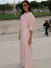 Women's Elegant 2 Pieces Set, Round Neck Puff Sleeve Cropped Top Paired With Maxi Skirt, Casual Bohemian Style, Summer - Pink - View 5