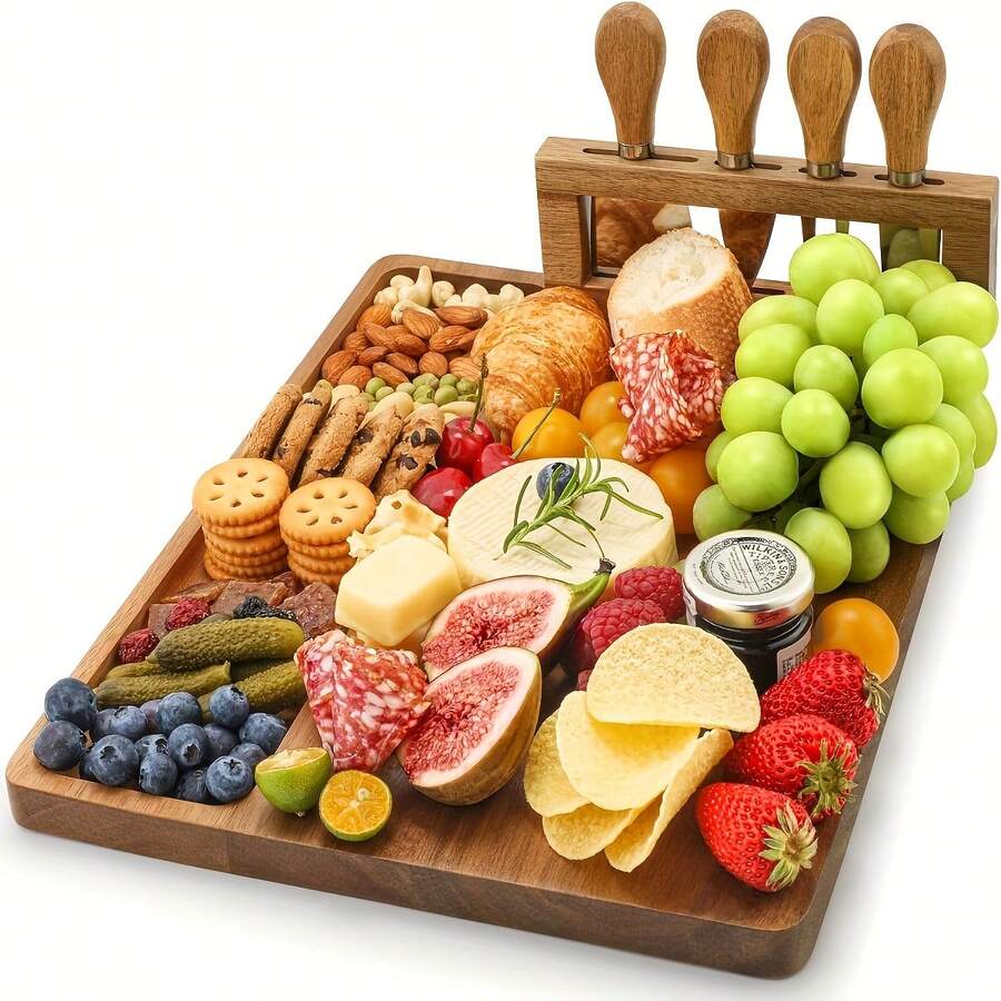 Wooden Cheese Board Set, Charcuterie Sets Cheese Tray Appetizer Board And Meat Platter, With 4 Stainless Steel Cheese Knives Easy To Carry, Perfect For Wedding Gifts Christmas Birthday Parties Halloween Gifts, Kitchen Travel-Friendly, 2/1 Sets