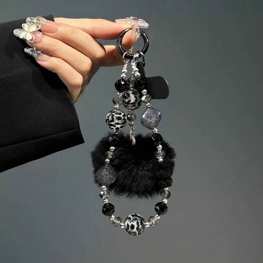 豹纹水晶毛绒球手机挂绳，奢华高端腕链，独特个性化钥匙扣，包包挂饰 - 彩色 - 查看 1