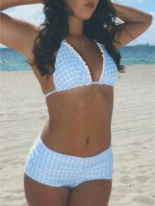Women's 2 Piece Bikini Set Fashion Halter Neck Swimsuit With Shorts Summer Two Piece Bathing Suit - Baby Blue - View 1