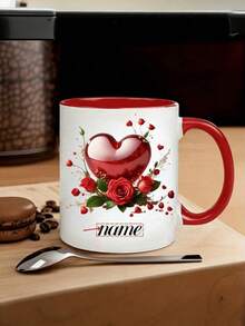 1pc Customizable Name/Text Mug, Elegant Red Rose Pattern, Personalized Valentine's Day Mug - Customizable Name Pair, Customized Coffee Cup, Personalized Mug, Unique Mug, Reusable, Birthday, Anniversary, Valentine's Day, Christmas Gift, Suitable For Women, Men, Couples, Home & Office Use - Multicolor - View 2