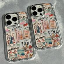 Estuche suave y elegante 1pc con collage de pegatinas temáticas de viaje compatible con 17, 16, 15, 14, 13, 12, 11 Pro, 14, 16E Plus, XS, XR, X, 8,, SE 2020. Funda de Silicona Amortiguadora: Protege tu Teléfono de Cada Caída. - 1 pieza - Ver 7