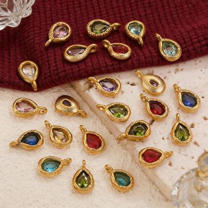 5件套304不锈钢十二生肖18K镀金多色合成水晶水滴吊坠手工项链手链DIY饰品吊坠