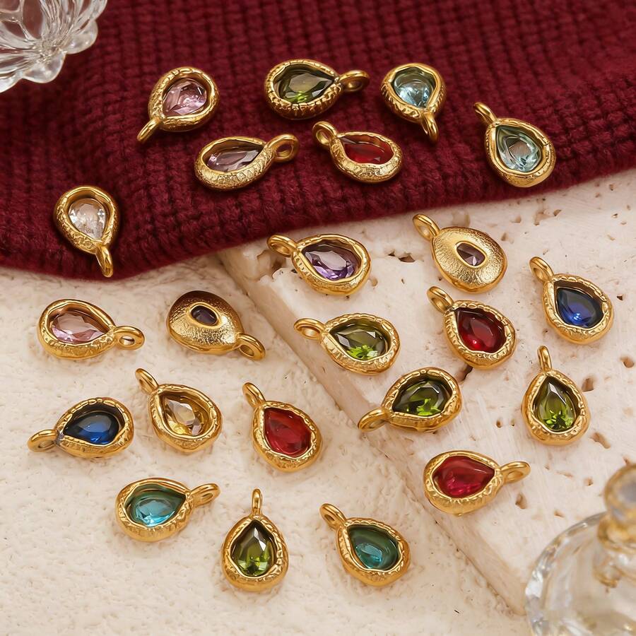 5件套304不锈钢十二生肖18K镀金多色合成水晶水滴吊坠手工项链手链DIY饰品吊坠