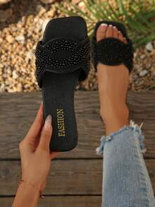 1双女士时尚PU皮革水钻平底凉鞋，适合海滩、办公室、所有季节 - 黑色 - 查看 15