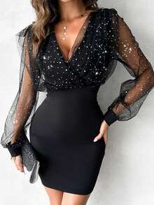 ChicMe Women Glitter Sheer Mesh Spliced Overlap V-Neck Lantern Sleeve Ruched Slim Fit Mini Party Evening Dress - Black - View 5