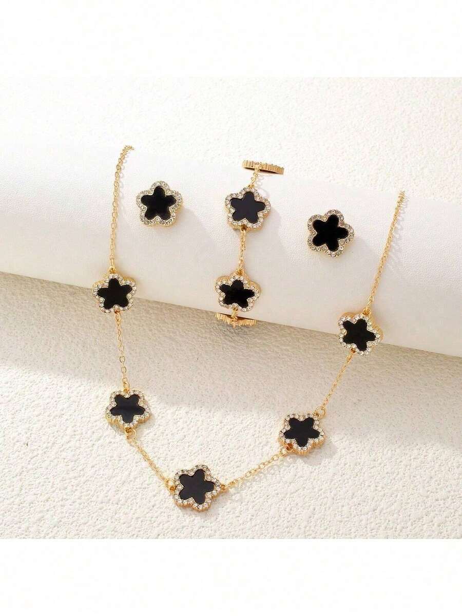 3pcs/Set Fashionable Clover Pendant Necklace, Bracelet And Earrings Jewelry Set, Perfect Gift For Mother's Day And Holidays - Black - View 1