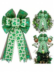 Lazo decorativo para corona de San Patricio, lazo decorativo para árbol de San Patricio, gran lazo de arpillera blanco y verde con brillo de trébol para manualidades del Día de San Patricio para decoración de la puerta principal y exterior, lazo de cinta de trébol irlandés verde para manualidades DIY, árbol de Navidad, decoración de fiestas, decoración de la puerta principal del Día de San Patricio - Multicolor - Ver 1