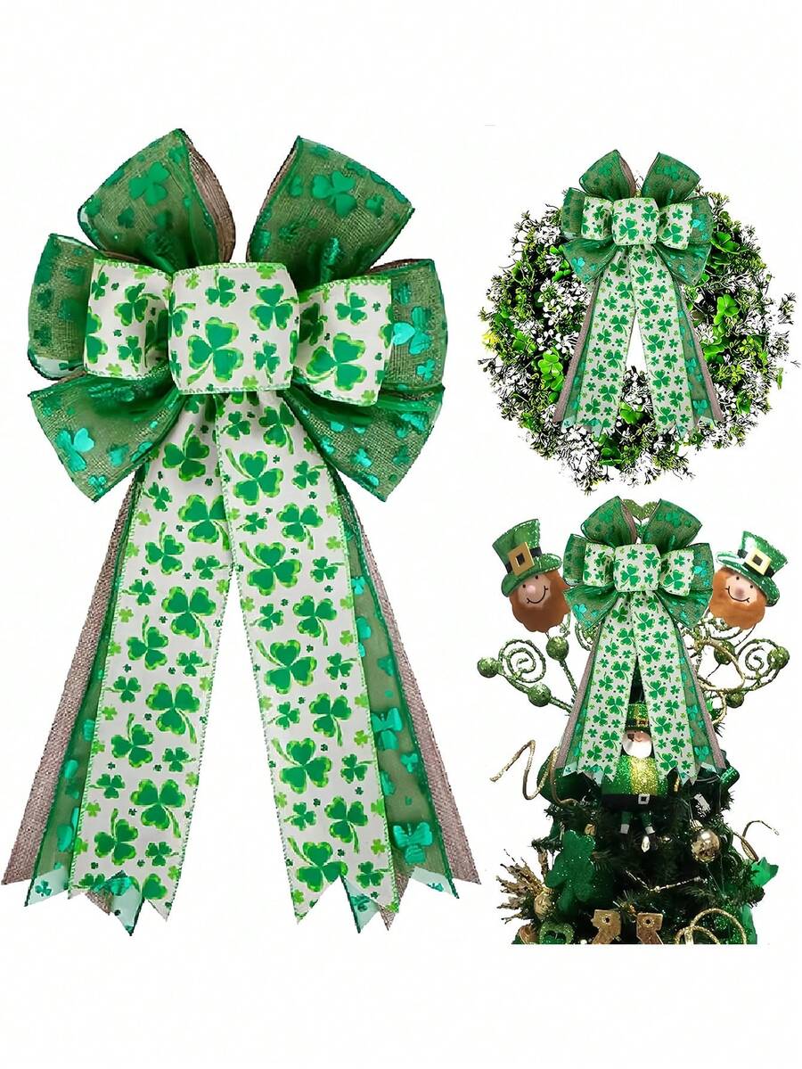 Lazo decorativo para corona de San Patricio, lazo decorativo para árbol de San Patricio, gran lazo de arpillera blanco y verde con brillo de trébol para manualidades del Día de San Patricio para decoración de la puerta principal y exterior, lazo de cinta de trébol irlandés verde para manualidades DIY, árbol de Navidad, decoración de fiestas, decoración de la puerta principal del Día de San Patricio - Multicolor - Ver 1